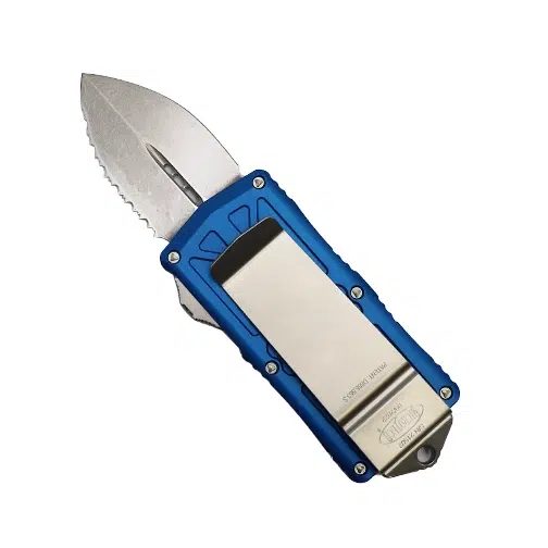 Microtech 157-12BL Exocet D/E Fully Serrated OTF Knife Money Clip Combo Blue - Stonewash