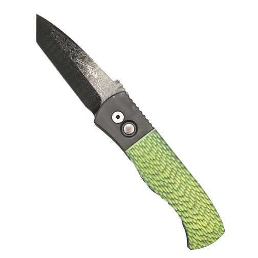 Pro-Tech Knives Custom Emerson CQC7 T/E Automatic Folding Knife Green & Blasted Jigged Titanium - Damascus