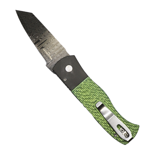 Pro-Tech Knives Custom Emerson CQC7 T/E Automatic Folding Knife Green & Blasted Jigged Titanium - Damascus