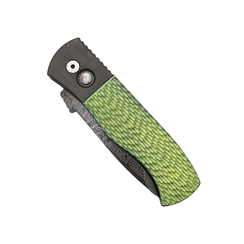 Pro-Tech Knives Custom Emerson CQC7 T/E Automatic Folding Knife Green & Blasted Jigged Titanium - Damascus