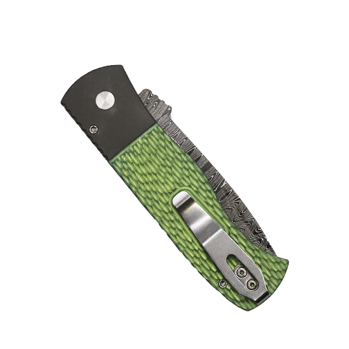 Pro-Tech Knives Custom Emerson CQC7 T/E Automatic Folding Knife Green & Blasted Jigged Titanium - Damascus