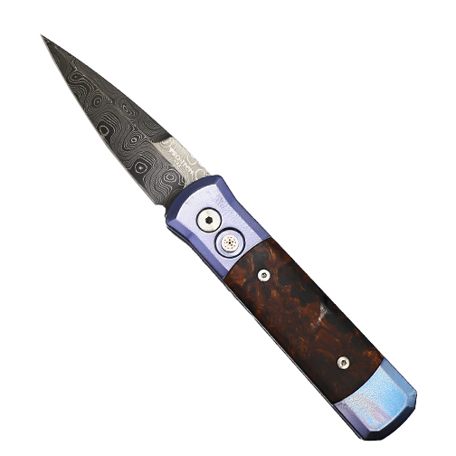 Pro-Tech Knives Custom Godson Spear Point Automatic Folding Knife Blue w/ Desert Ironwood Inlays - Damascus