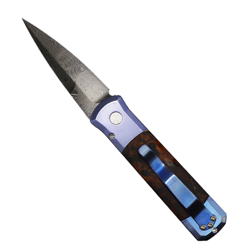 Pro-Tech Knives Custom Godson Spear Point Automatic Folding Knife Blue w/ Desert Ironwood Inlays - Damascus