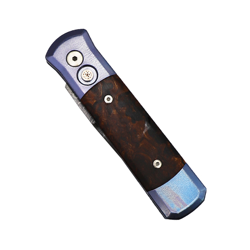 Pro-Tech Knives Custom Godson Spear Point Automatic Folding Knife Blue w/ Desert Ironwood Inlays - Damascus