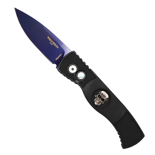 ProTech Knives Limited Edition TR-2 Shot Show 2024 S/E Automatic Folding Knife Black w/ Skull Inlay - Sapphire Blue DLC