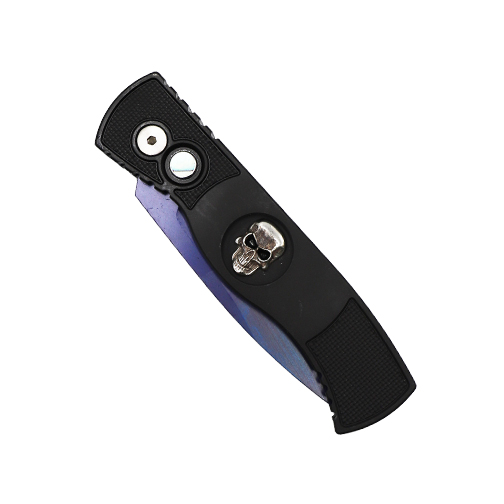 ProTech Knives Limited Edition TR-2 Shot Show 2024 S/E Automatic Folding Knife Black w/ Skull Inlay - Sapphire Blue DLC