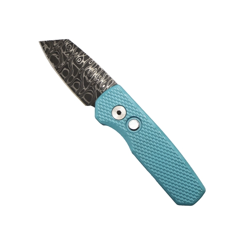 Pro-Tech Knives Runt 5 Reverse Tanto Automatic Folding Knife Textured Blue - Damascus