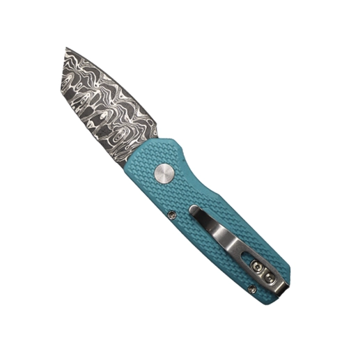 Pro-Tech Knives Runt 5 Reverse Tanto Automatic Folding Knife Textured Blue - Damascus
