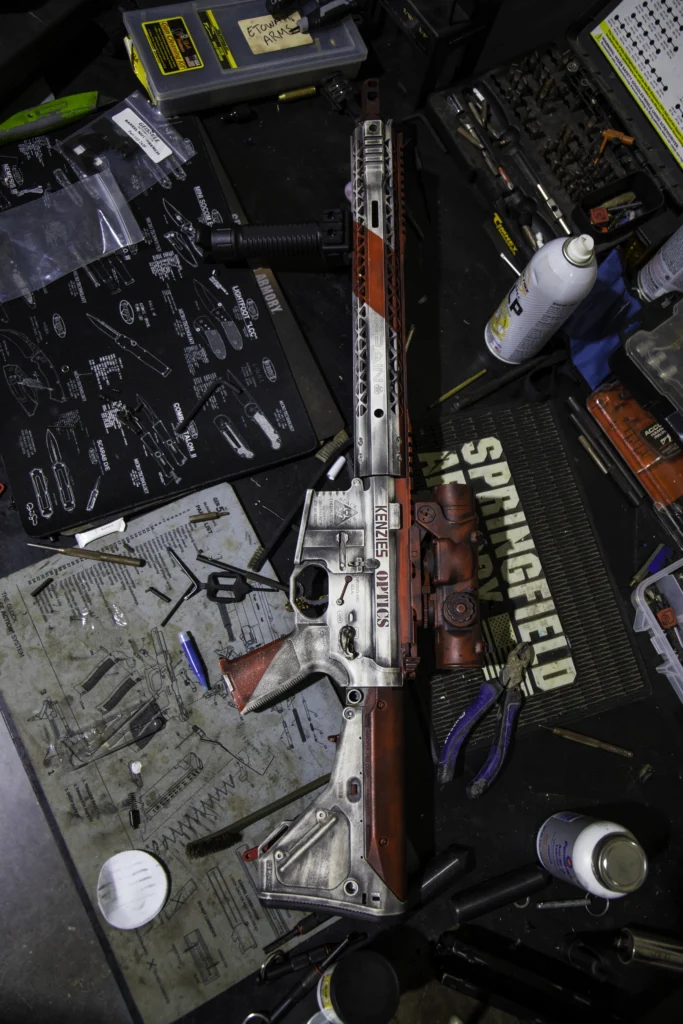 Custom-built Kenzie’s Optics AR-15 representing gun parts and upgrades